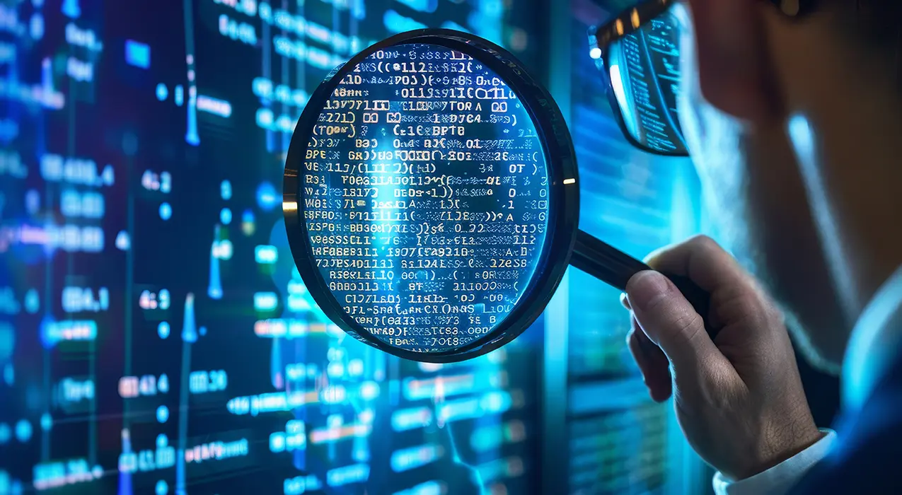 Audit de cybersécurité pour PME illustré par une loupe examinant des documents numériques, représentant l’analyse des risques d’Omni-Hexa.